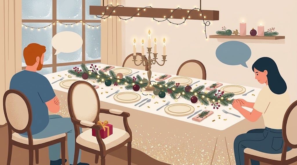couples-separation-apres-fetes-noel-tension Couple distant a table lors des fetes de Noel, tension silencieuse avant separation