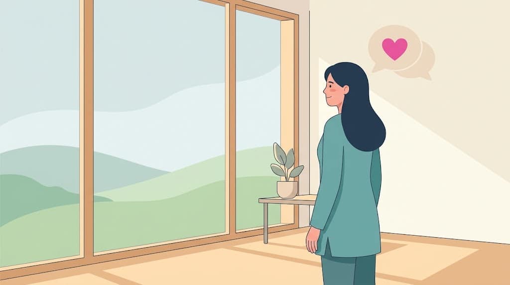 hypnose-confiance-en-soi-posture-serenite Femme debout devant une grande fenetre, bulle coeur, confiance en soi retrouvee