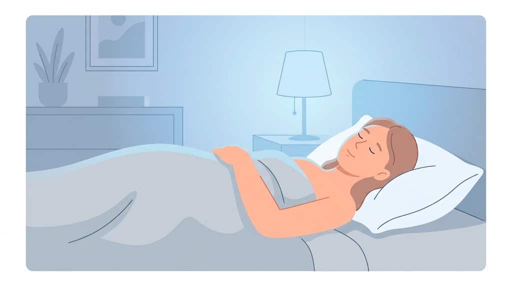 Femme endormie paisiblement dans une chambre bleue, hypnose pour le sommeil Challans