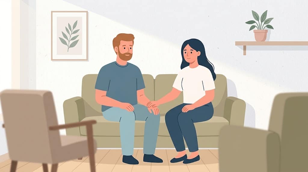 hypnose-therapie-couple-connexion-cabinet Couple en seance de therapie, femme pose la main sur le bras de son partenaire, reconnexion