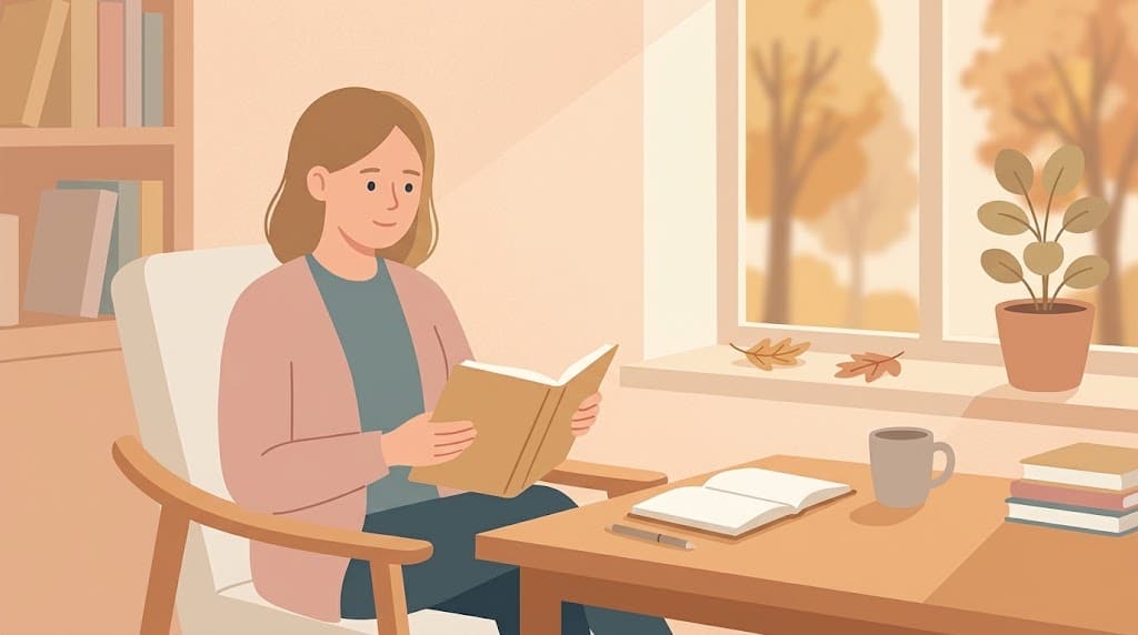 Femme lisant un livre a la lumiere d automne, sereine, reprise de therapie en septembre