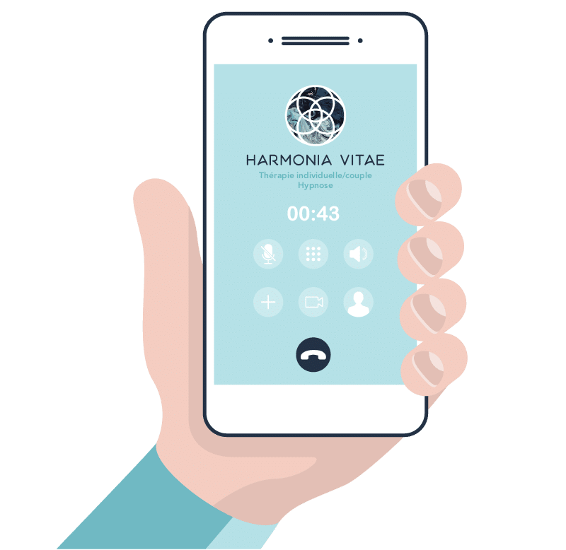 Téléphone affichant un appel avec Harmonia Vitae, thérapie individuelle, de couple et hypnose