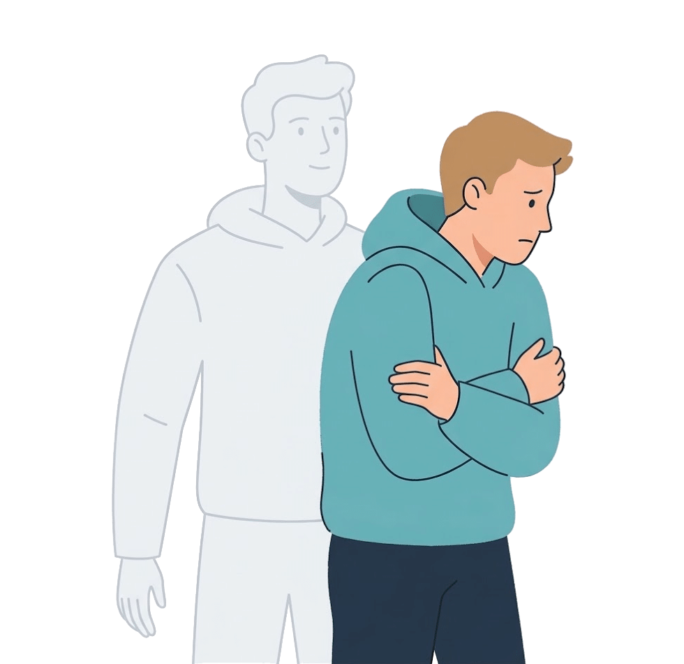 Homme replié sur lui-même, avec en arrière-plan sa silhouette redressée : retrouver confiance en soi par l'hypnose