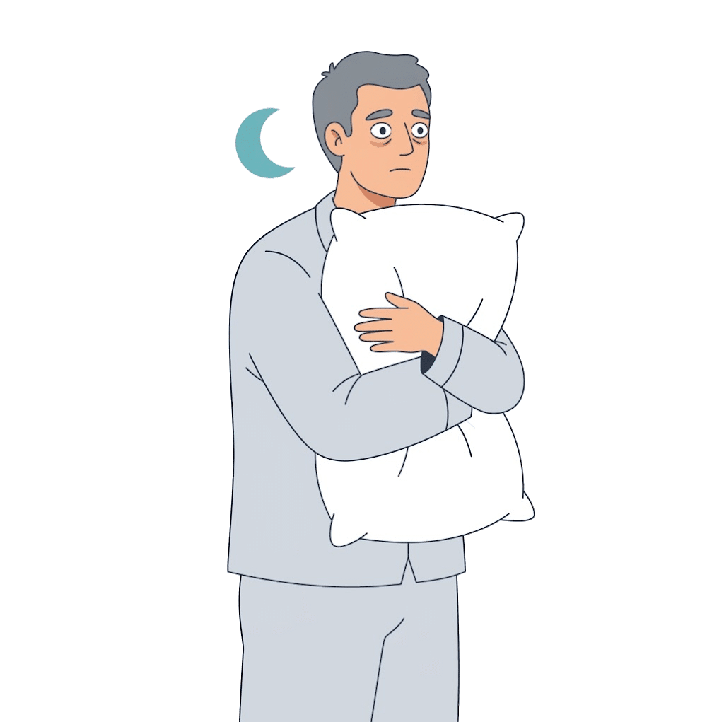 Homme éveillé en pyjama serrant son oreiller, illustration de l'insomnie traitée par l'hypnose